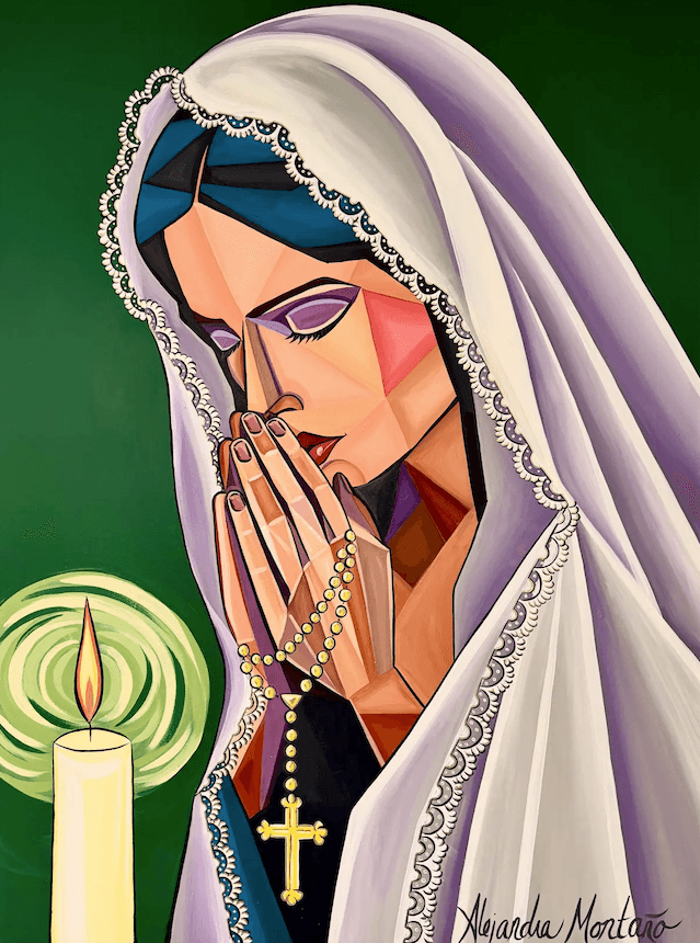 Contemporary painting by Alejandra Montaño depicting a woman in prayer holding a rosary beside a glowing candle, expressing faith, devotion, and spiritual reflection through bold geometric forms.