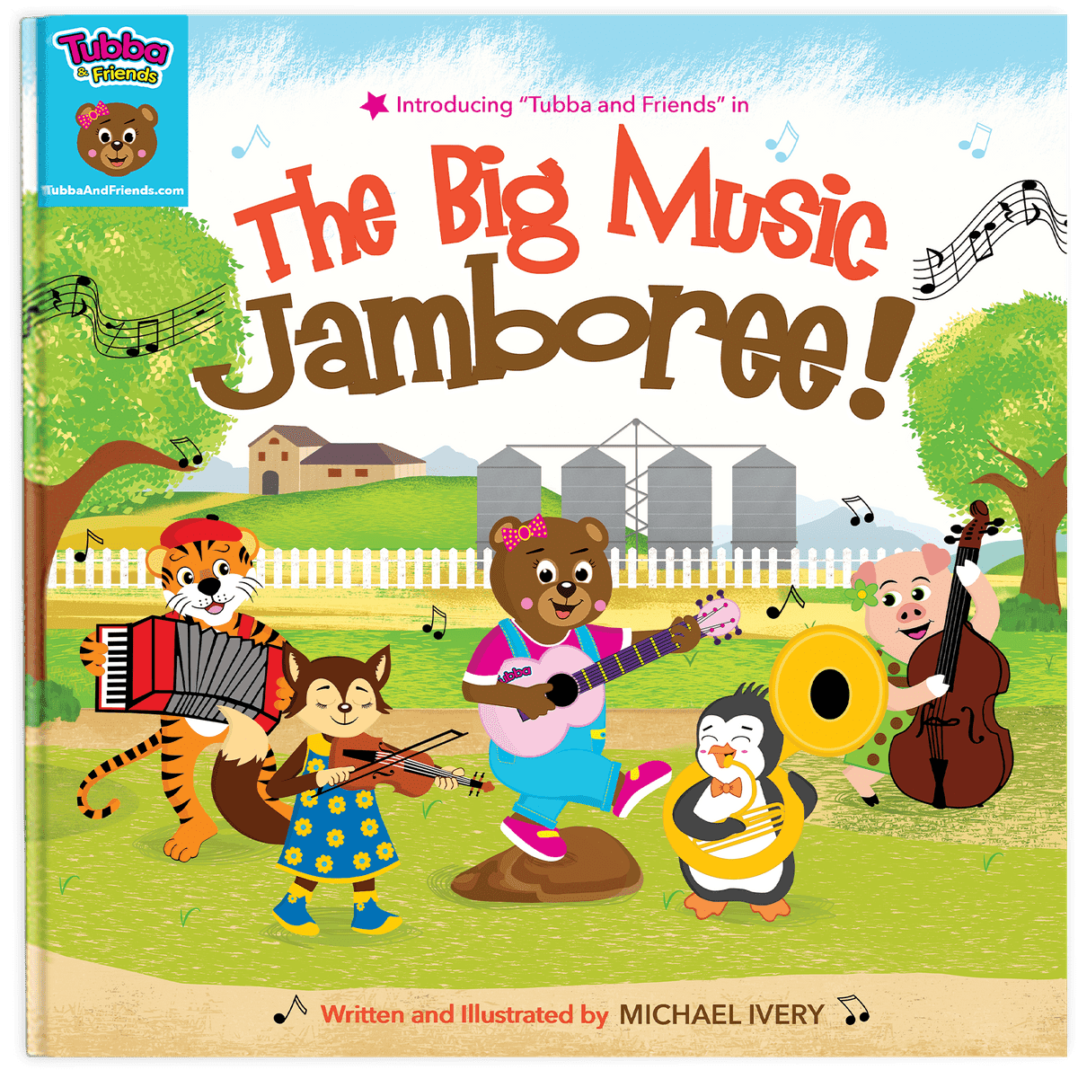 Book cover of “Tubba and Friends: The Big Music Jamboree” featuring Tubba Bear and her friends playing music.