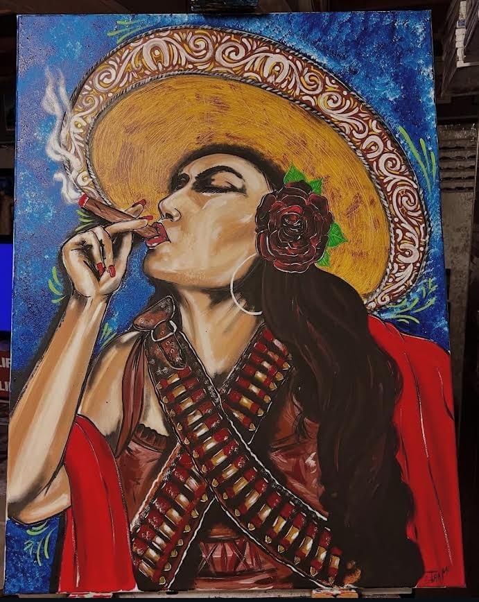 Woman in sombrero smoking cigar with bandolier in Mexican cultural painting by Jose Mares Refried Rockabilly