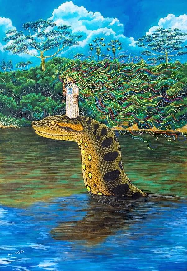 Amazonian figure standing atop a giant anaconda rising from the river, painting by César Chujutalli.