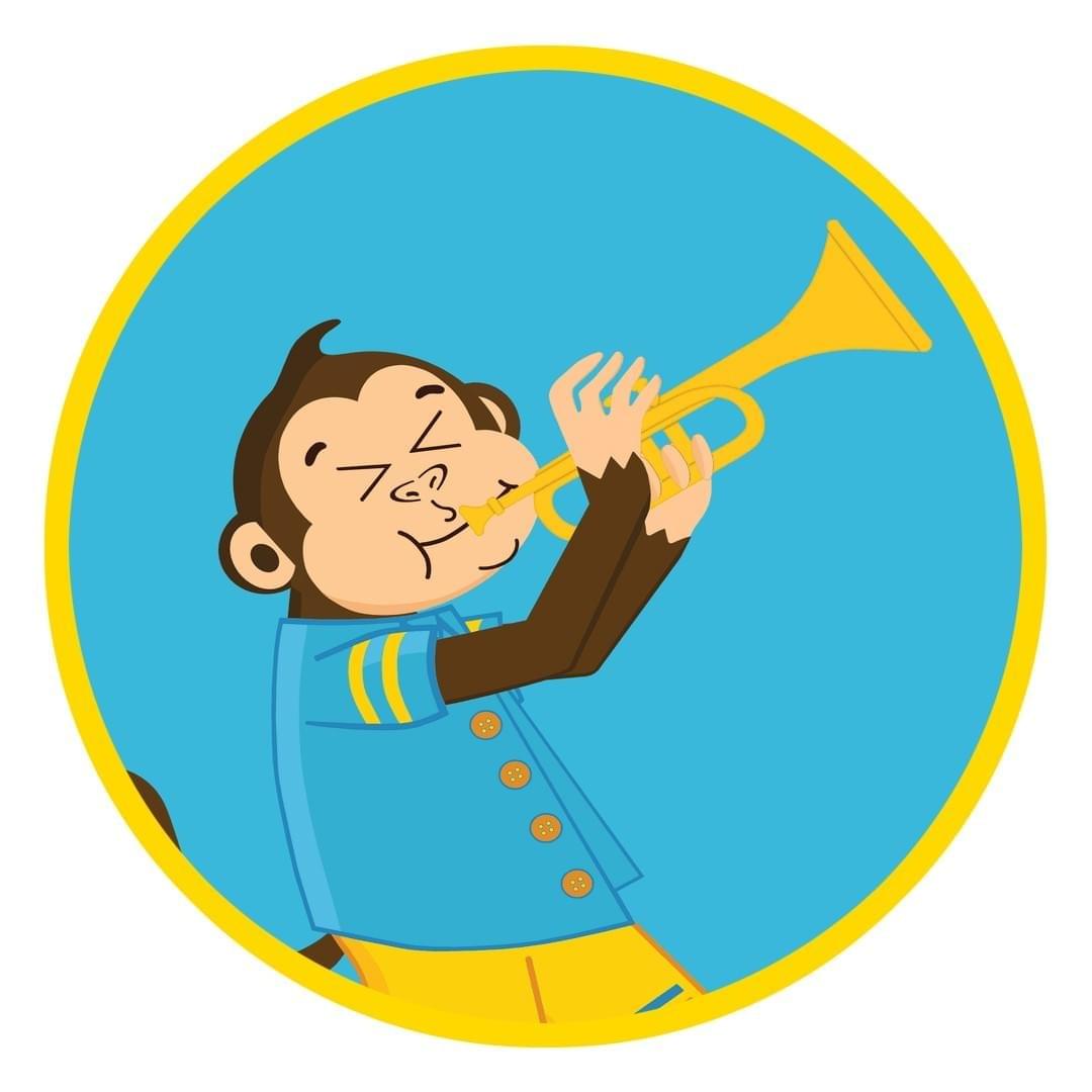 Messy Monkey joyfully playing a trumpet.