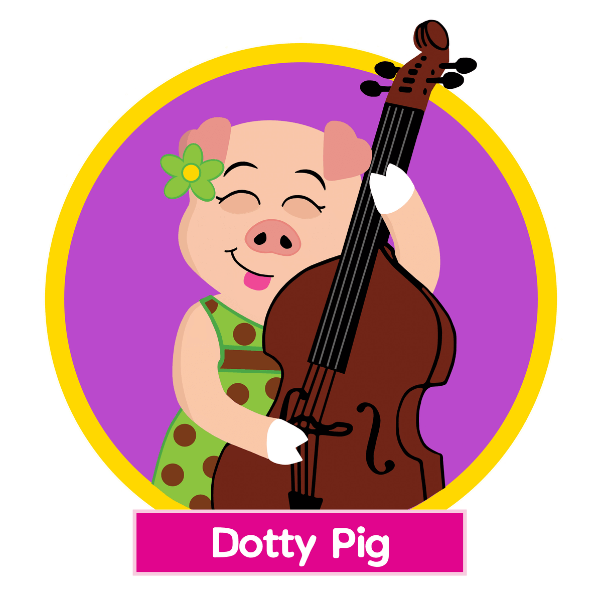 Dotty Pig playing her upright bass guitar with a quiet smile, keeping the rhythm steady in Harmony Ridge.
