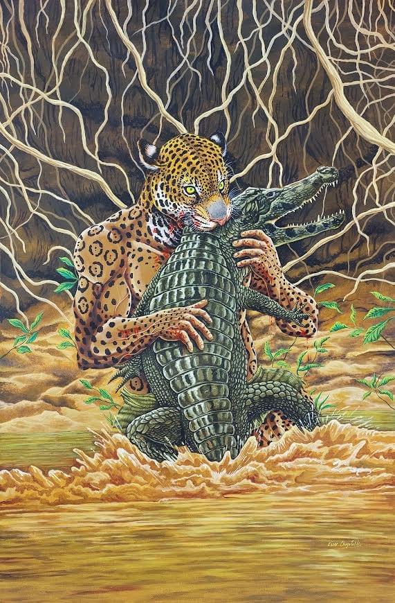 Jaguar spirit embracing a caiman in the waters of the Amazon, painting by César Chujutalli.