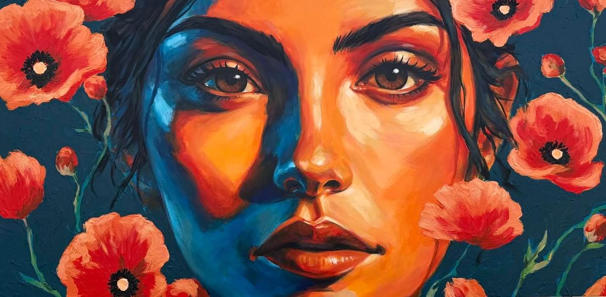 Contemporary portrait painting by Phoenix artist Michael Padilla featuring a close-up of a woman’s face surrounded by vivid red poppy flowers with bold blue and orange lighting and expressive emotional detail.