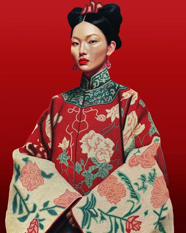 Contemporary portrait of woman in red garment with intricate beadwork and textile patterns by Yael Medrez Pier