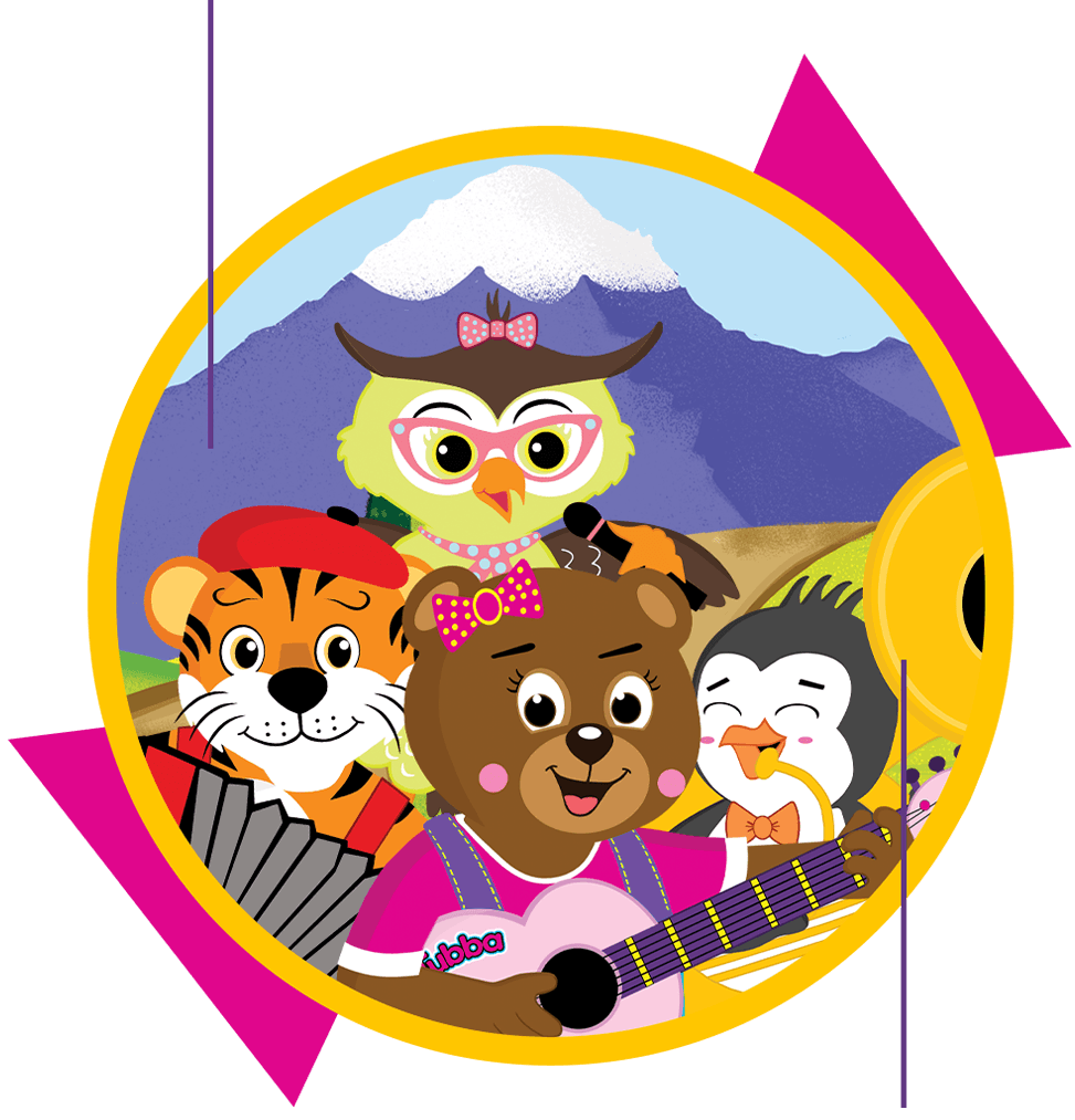 Tubba Bear, Toby Tiger, Luna Owl, and Pete E Penguin playing music together from Tubba and Friends