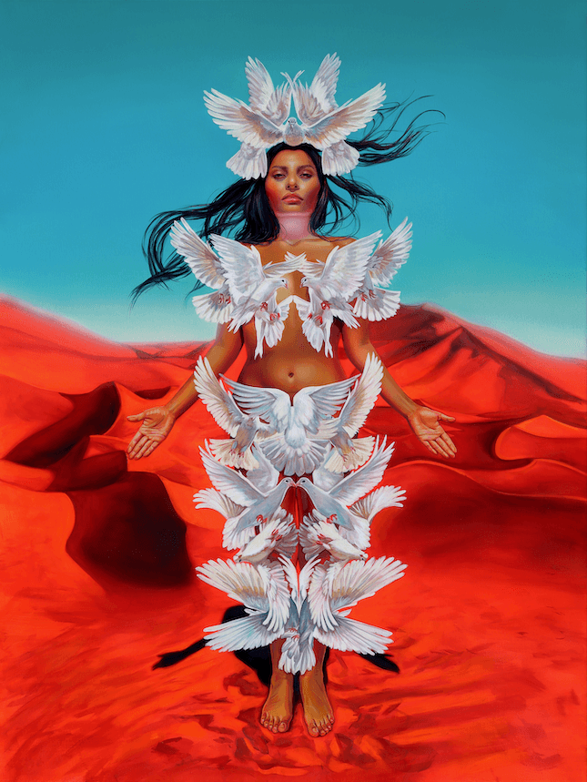 Woman surrounded by white doves in a desert landscape symbolizing peace and transformation by Art by Ayala