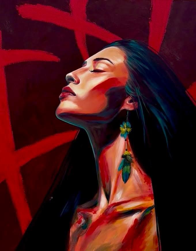 Expressive contemporary portrait painting by Phoenix artist Michael Padilla featuring a woman in profile with dramatic red lighting, closed eyes, flowing dark hair, and colorful feather earrings against a deep crimson abstract background.