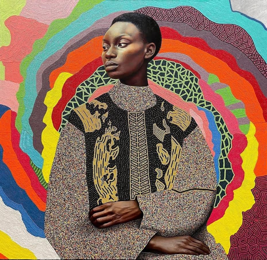 Portrait of woman against vibrant patterned background with detailed textures by Yael Medrez Pier