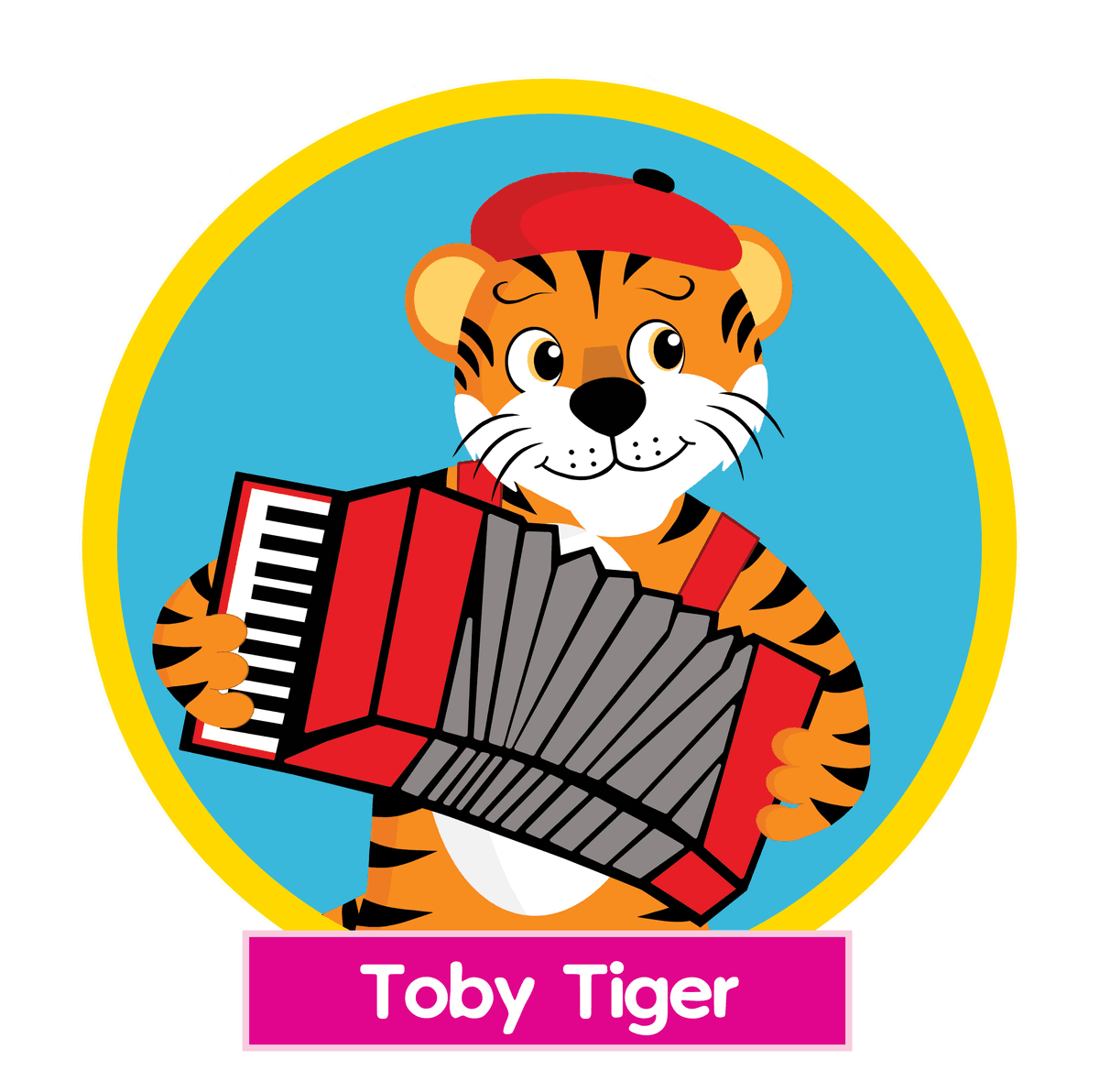 Toby Tiger playing accordion from the Tubba and Friends children's story world by Michael Ivery