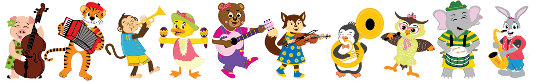 Tubba and Friends all playing music together in a line 