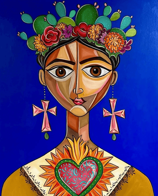 Contemporary portrait by Alejandra Montaño inspired by Frida Kahlo, featuring a floral crown, sacred heart, cactus elements, and bold geometric forms celebrating Mexican culture and identity.