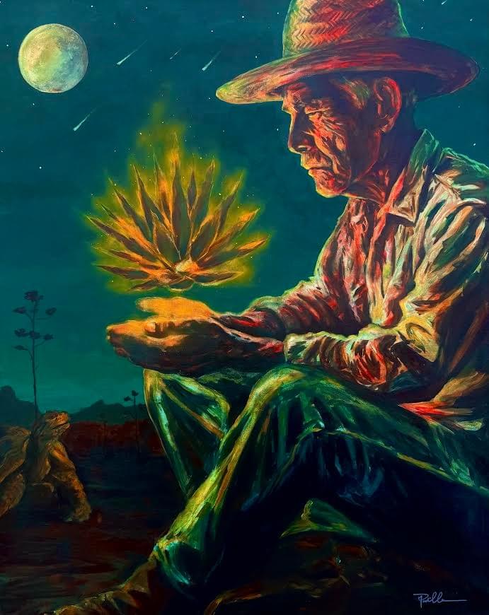 Contemporary figurative painting by Phoenix artist Michael Padilla featuring an elderly man holding a glowing agave plant beneath a moonlit desert sky filled with stars, rich color, and symbolic emotional detail.