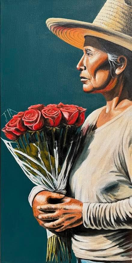 Figurative portrait painting by Phoenix artist Michael Padilla featuring an older woman in a straw hat holding a bouquet of red roses against a dark teal background with warm light and emotional realism.