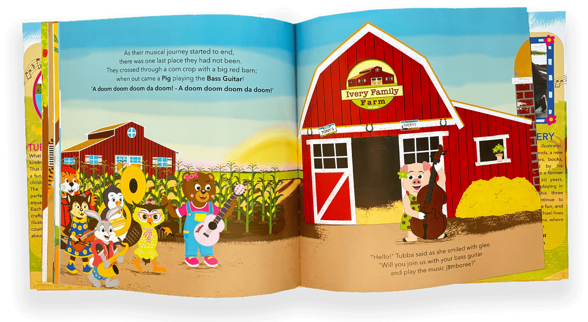 Tubba Bear and friends arriving at Dotty Pig’s farm while she plays bass guitar in a storybook spread from Tubba and Friends: The Big Music Jamboree!