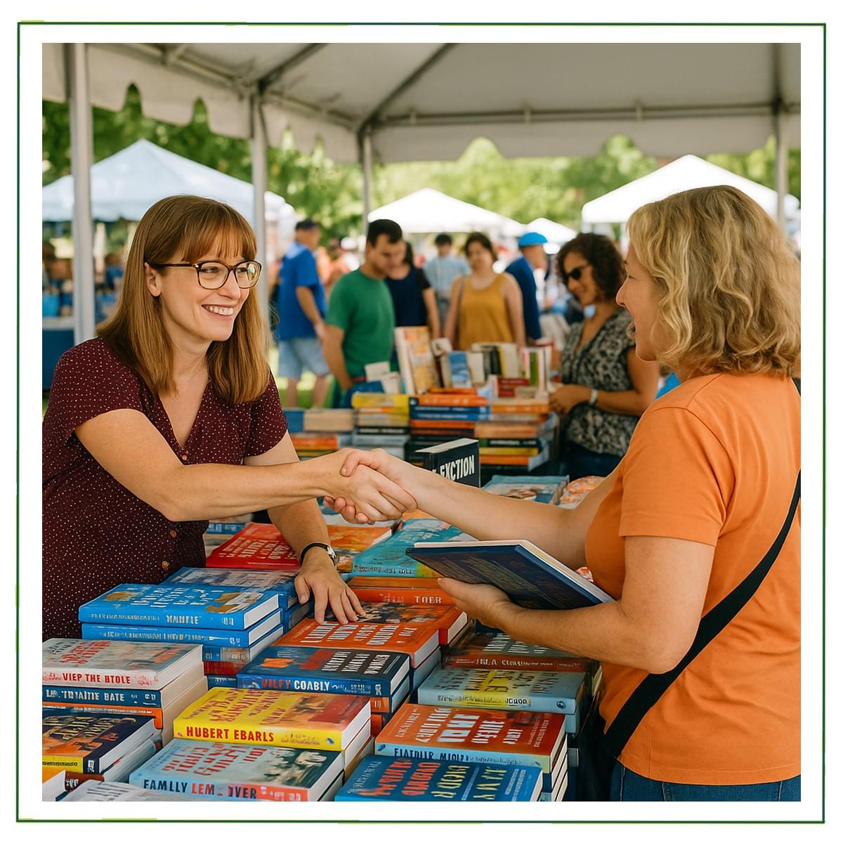 Library-style tent with bookshelves and families browsing at a book festival.