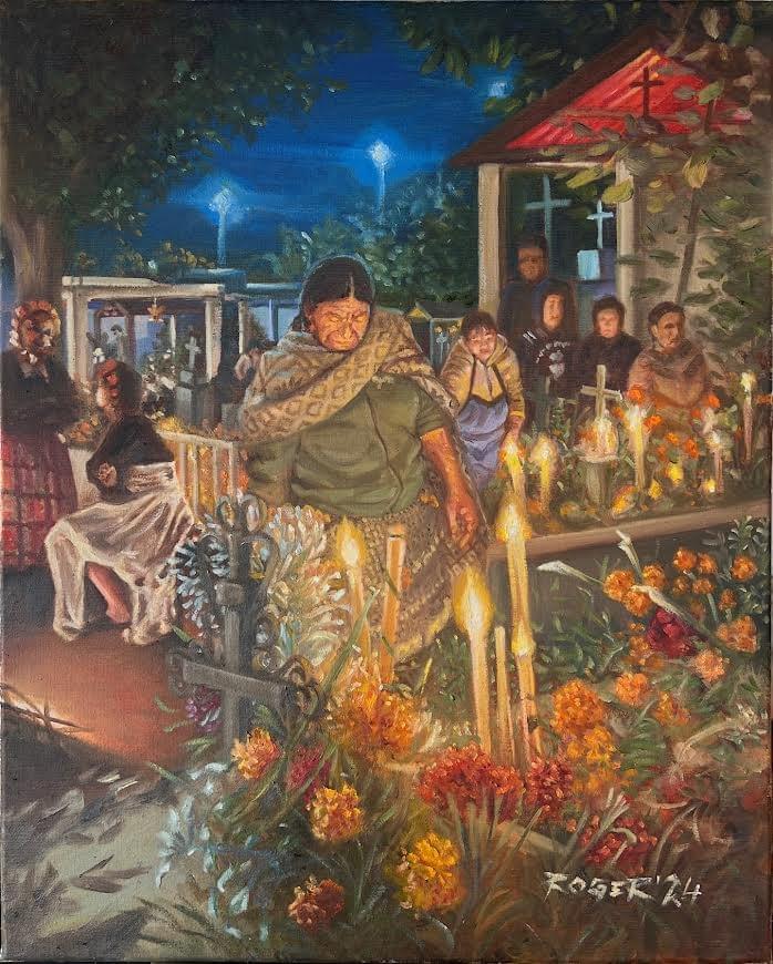  Painting by Roger Triviños depicting a Día de los Muertos cemetery gathering illuminated by candles and marigolds, honoring memory, family traditions, and cultural heritage.