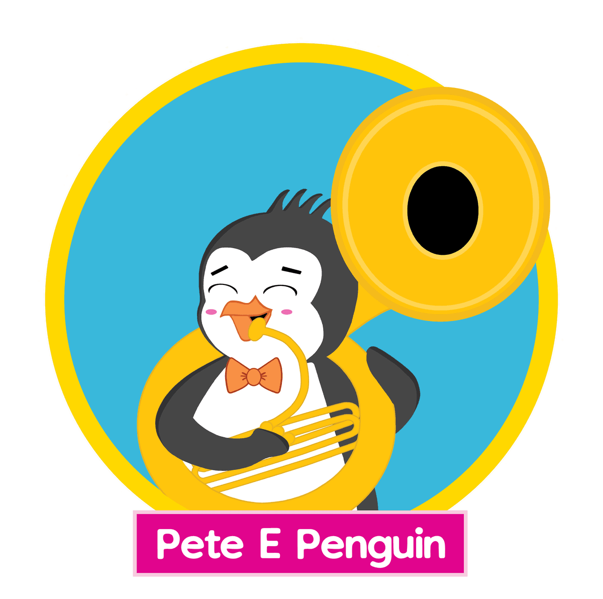 Pete E. Penguin playing tuba from the Tubba and Friends children's story world by Michael Ivery