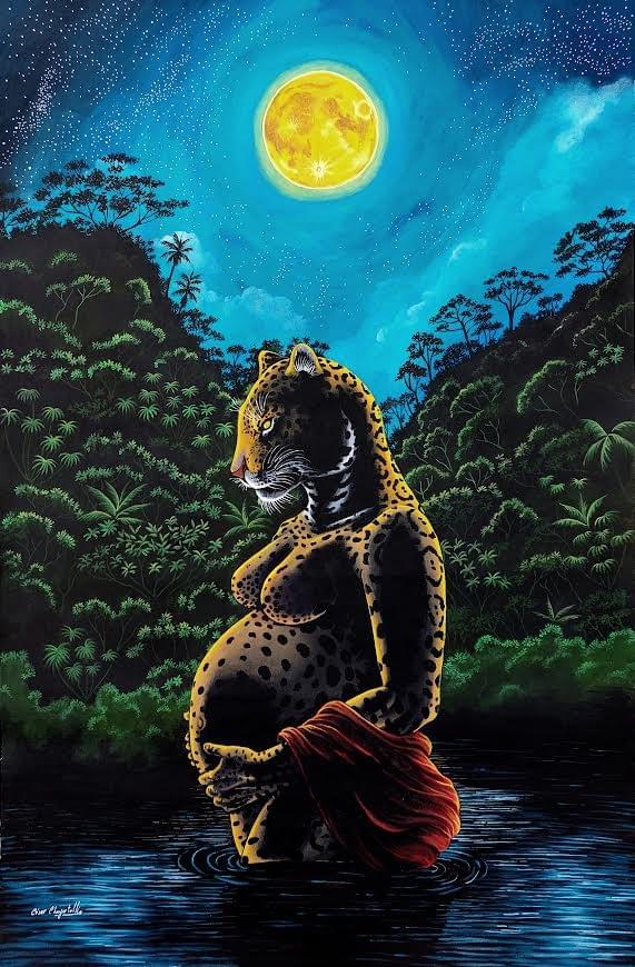 Jaguar mother holding her unborn child beneath a full moon in the Amazon rainforest, painting by César Chujutalli.
