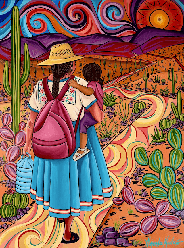 Contemporary painting by Alejandra Montaño depicting a mother carrying her child through a vibrant Sonoran Desert landscape, celebrating family, resilience, and Mexican cultural heritage.