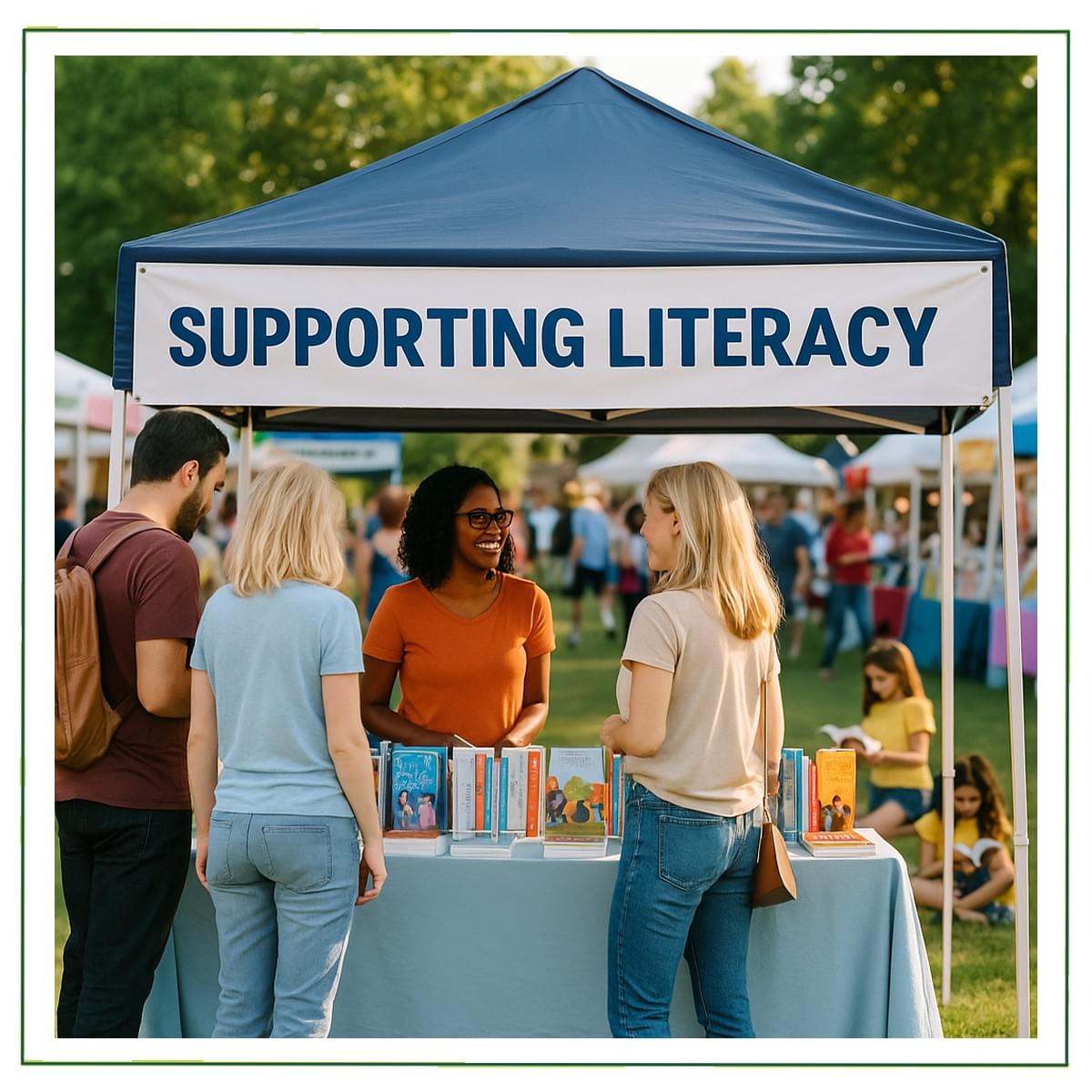 Sponsors greeting families at a festival booth with branded signage.