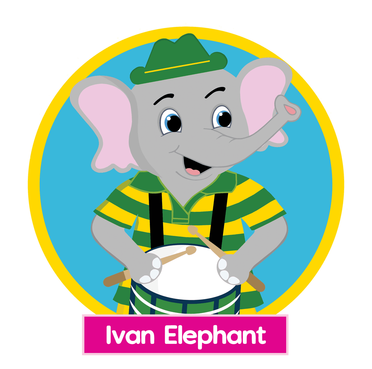 Ivan Elephant playing bongos from the Tubba and Friends children's story world by Michael Ivery
