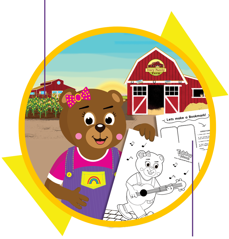 Tubba Bear holding up printable activity pages with Dotty Pig’s farm in the background from Tubba and Friends