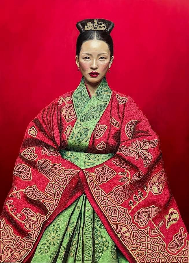 Contemporary portrait of woman in traditional patterned clothing with detailed surface textures by Yael Medrez Pier