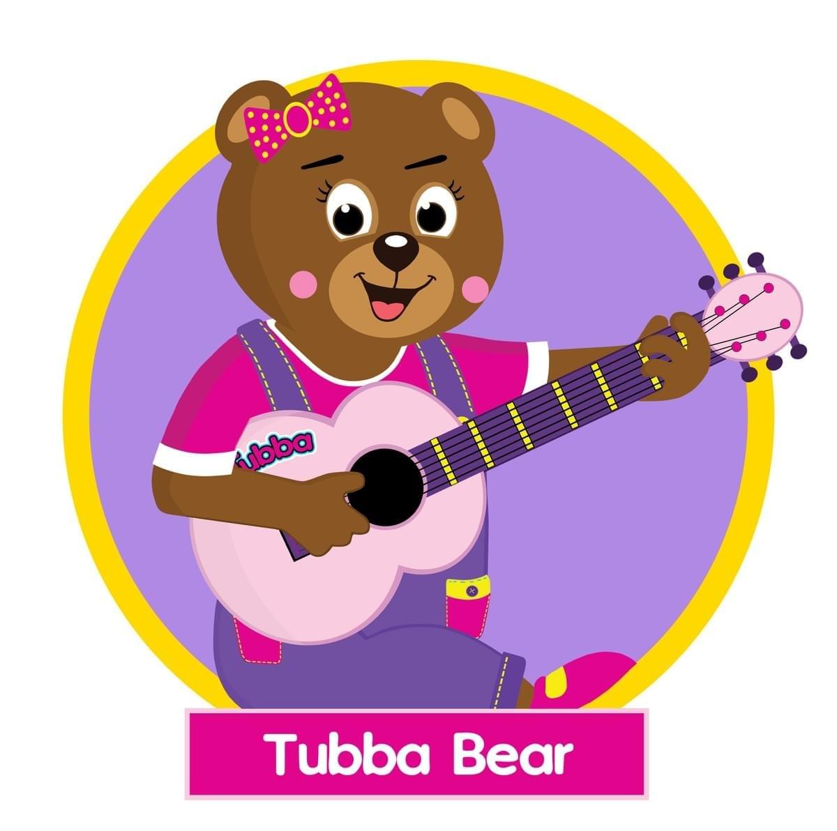 Tubba Bear playing guitar from the Tubba and Friends children's story world by Michael Ivery