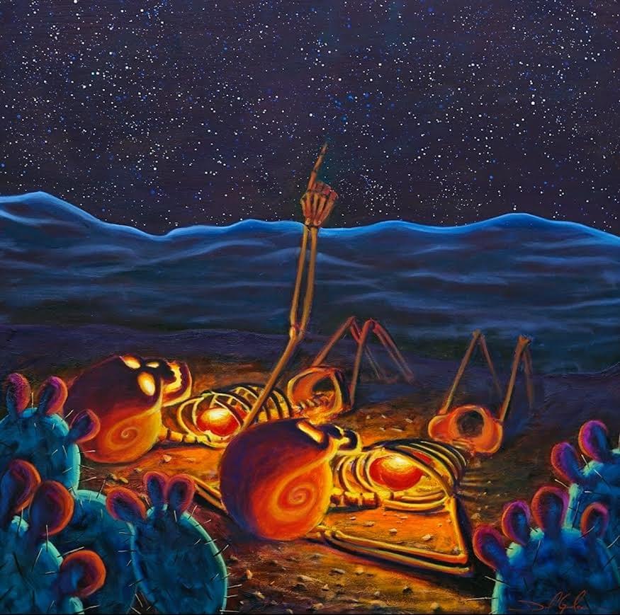 Skeleton figures gathered around glowing campfire in desert night scene oil painting by Daniel Gonzalez