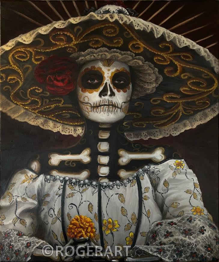 Day of the Dead portrait by Roger Triviños featuring a traditional Catrina figure with sugar skull makeup, an ornate hat, and embroidered dress celebrating Mexican culture and remembrance traditions.