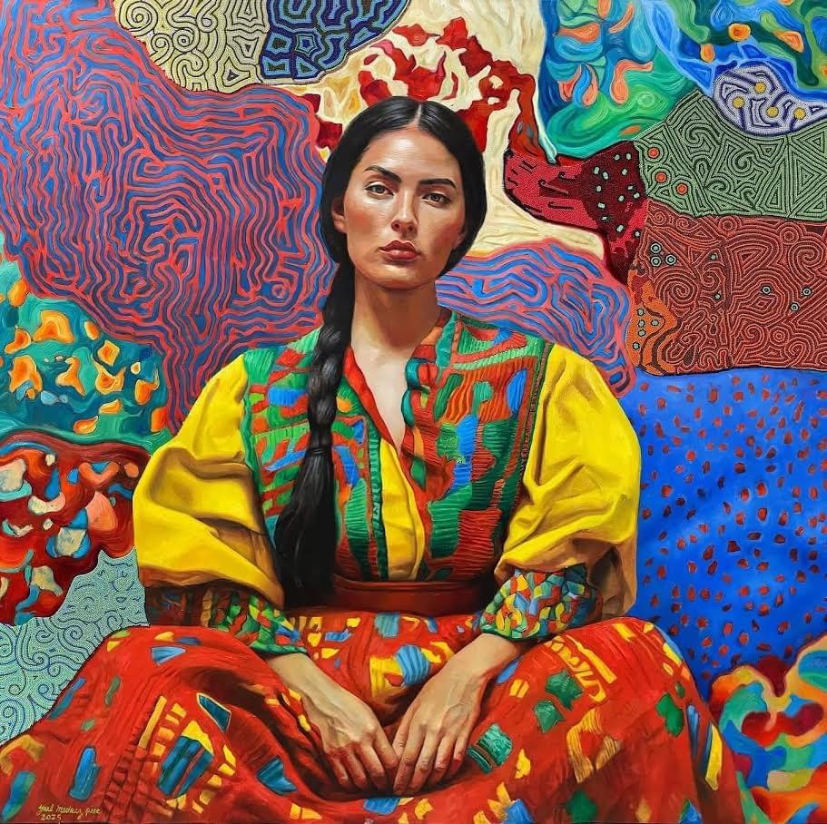 Portrait of woman in colorful cultural clothing with layered textures and patterns by Yael Medrez Pier