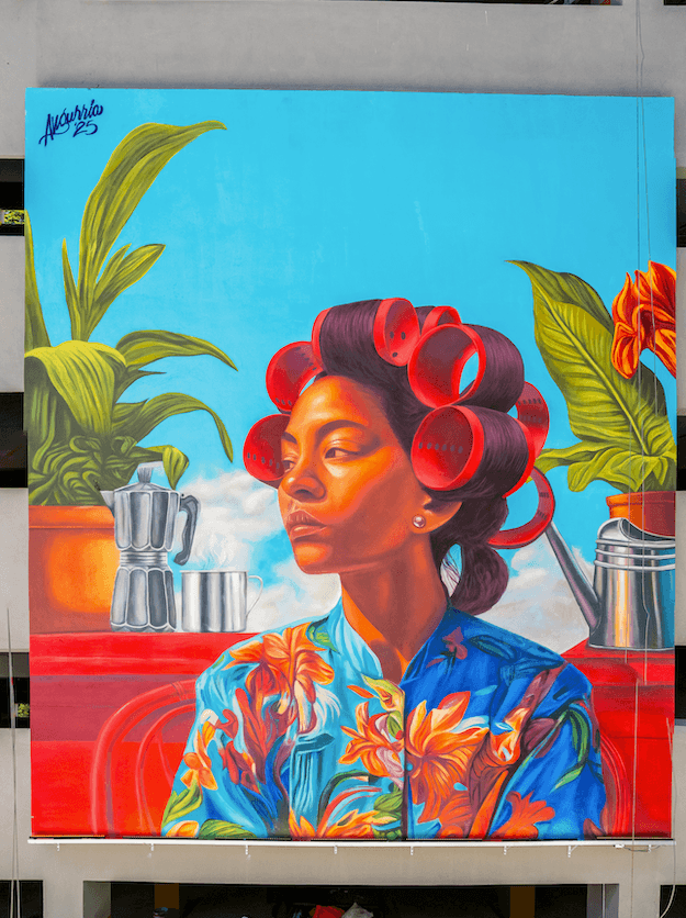 Murales SAS 2025 portrait mural by Angurria featuring a woman with hair rollers surrounded by plants and household objects in vibrant colors