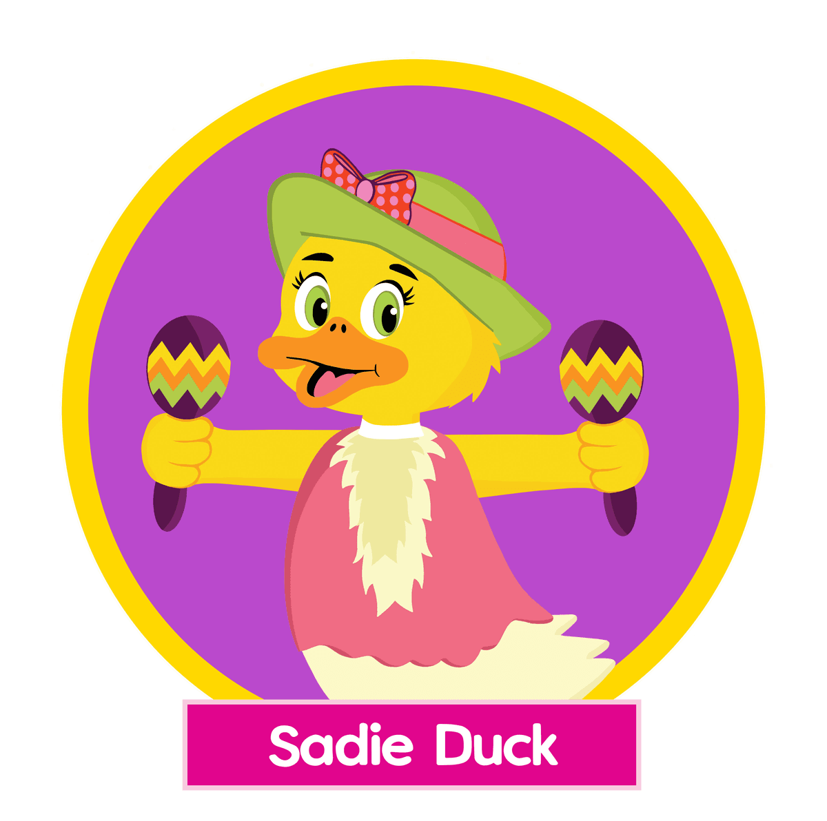 Sadie Duck playing maracas from the Tubba and Friends children's story world by Michael Ivery