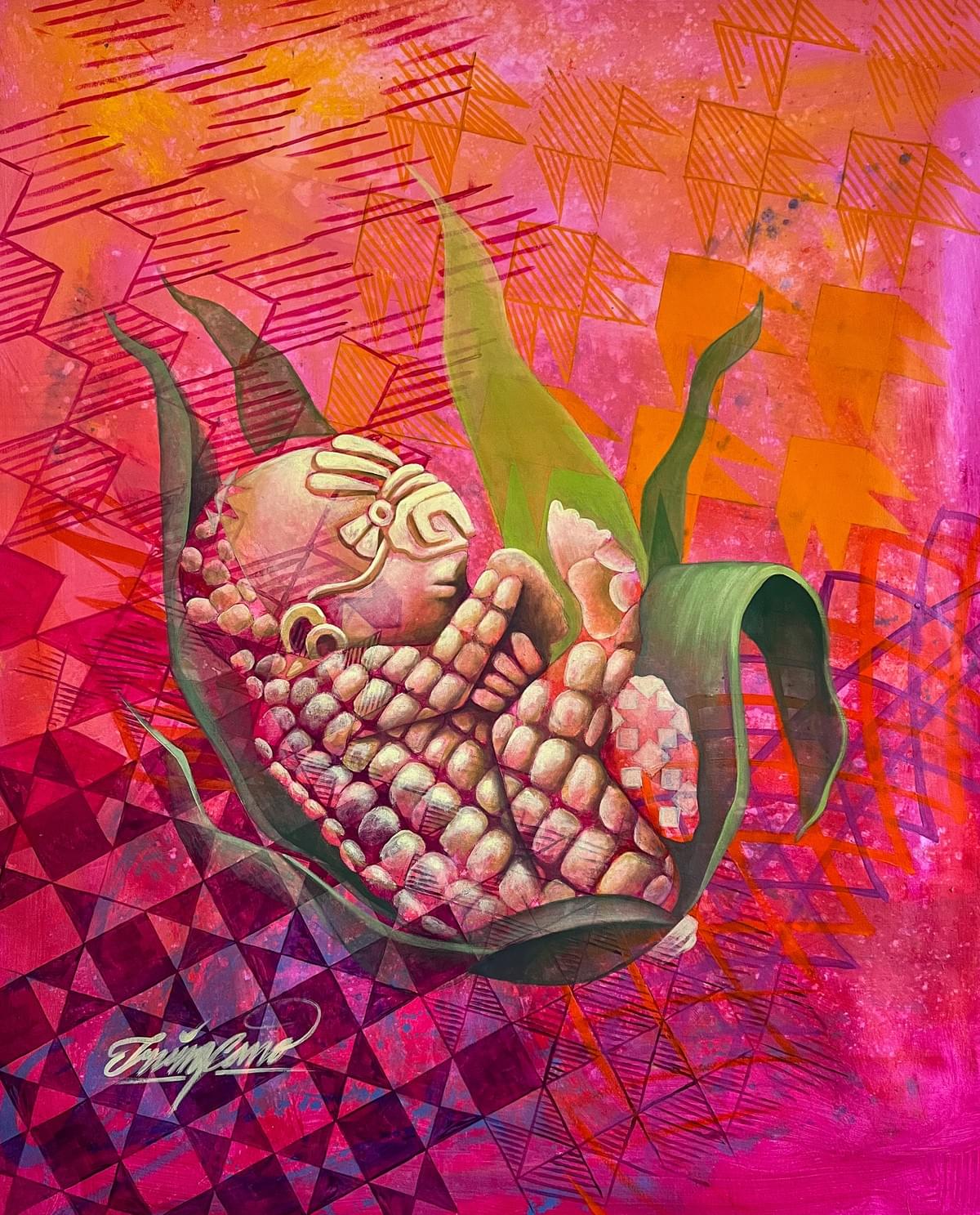 Figurative painting of corn transforming into human form with geometric patterns by Oaxaca artist Irving Cano