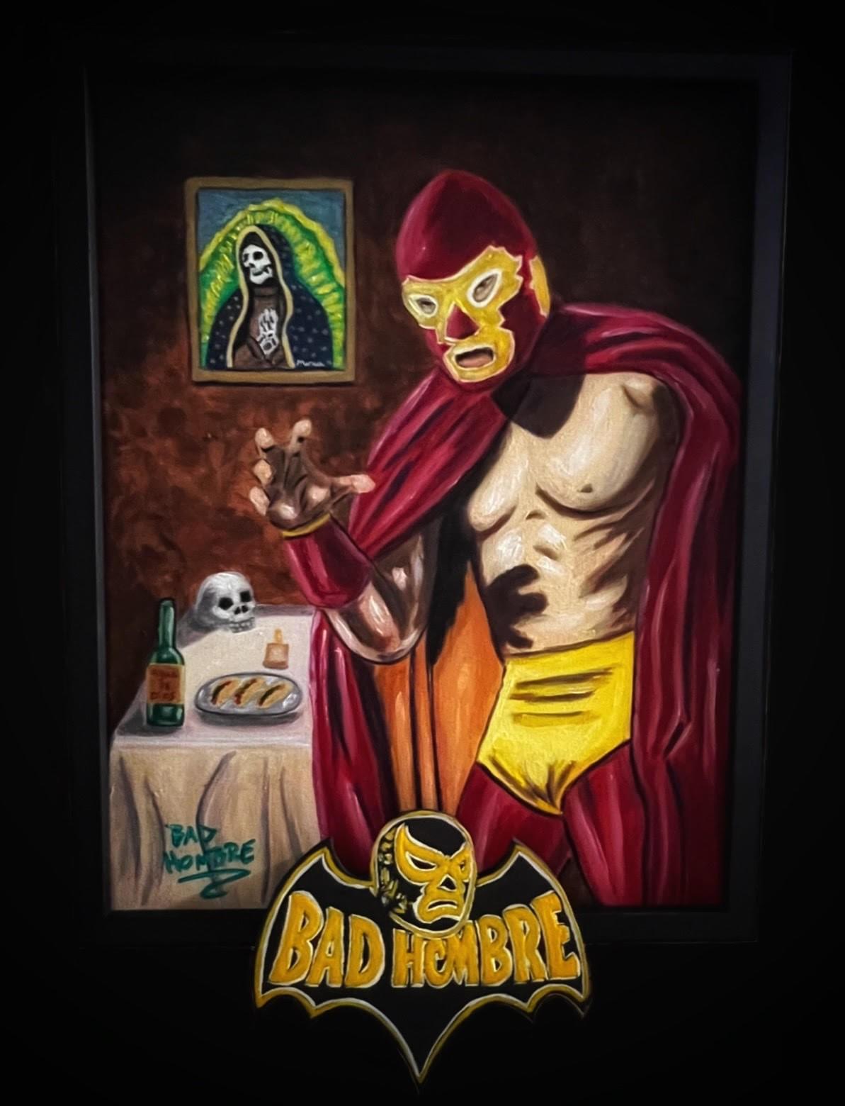 Painting by Bad Hombre featuring a masked luchador with cultural symbols and a dramatic, storytelling composition