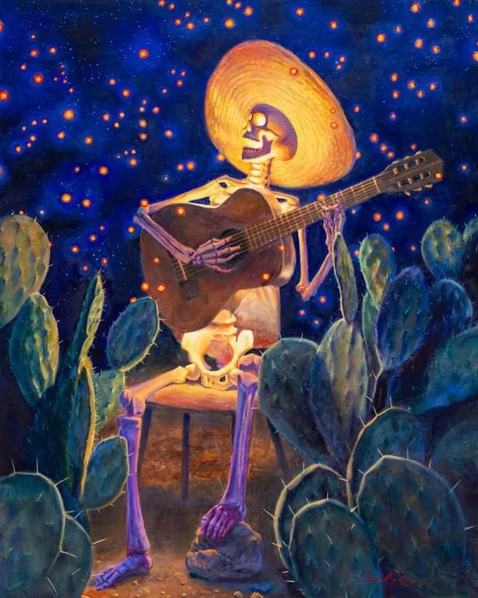 Calavera skeleton playing guitar among cacti under starry night sky in oil painting by Daniel Gonzalez