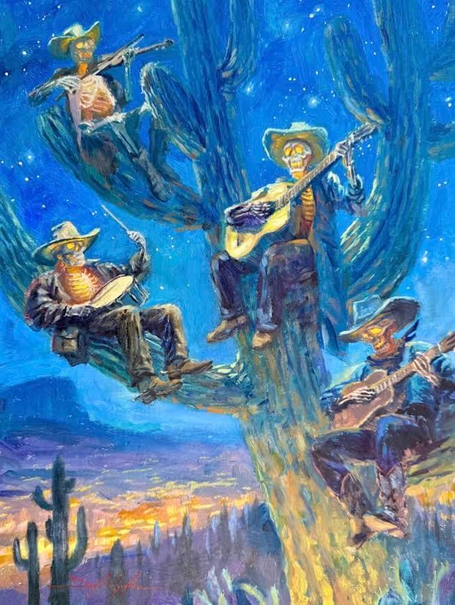 Skeleton musicians playing instruments in cactus landscape at dusk in narrative oil painting by Daniel Gonzalez