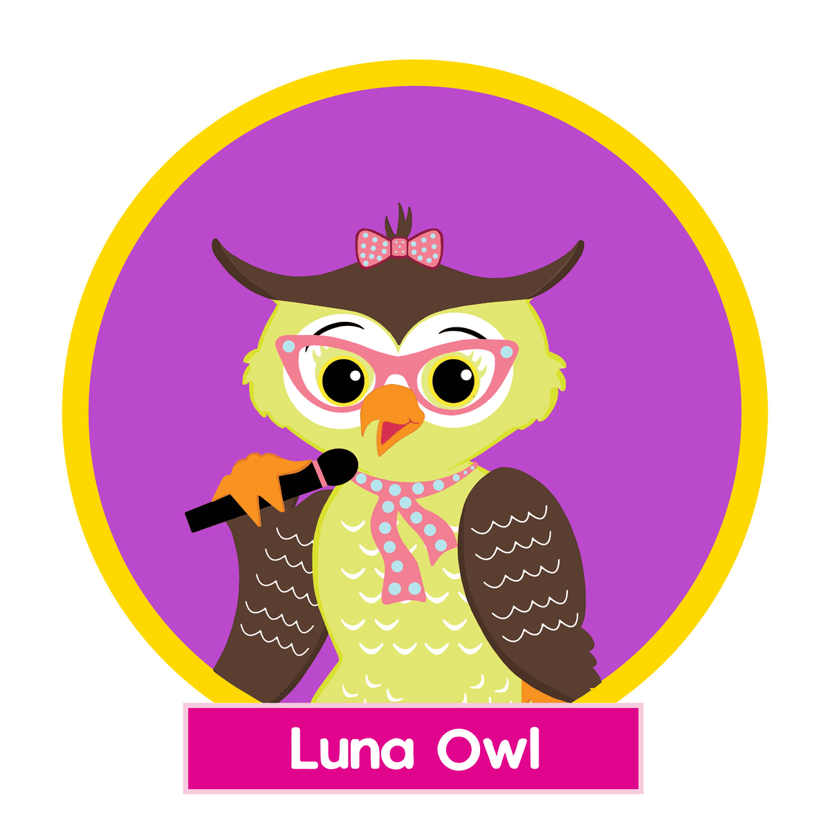 Luna Owl playing drums from the Tubba and Friends children's story world by Michael Ivery