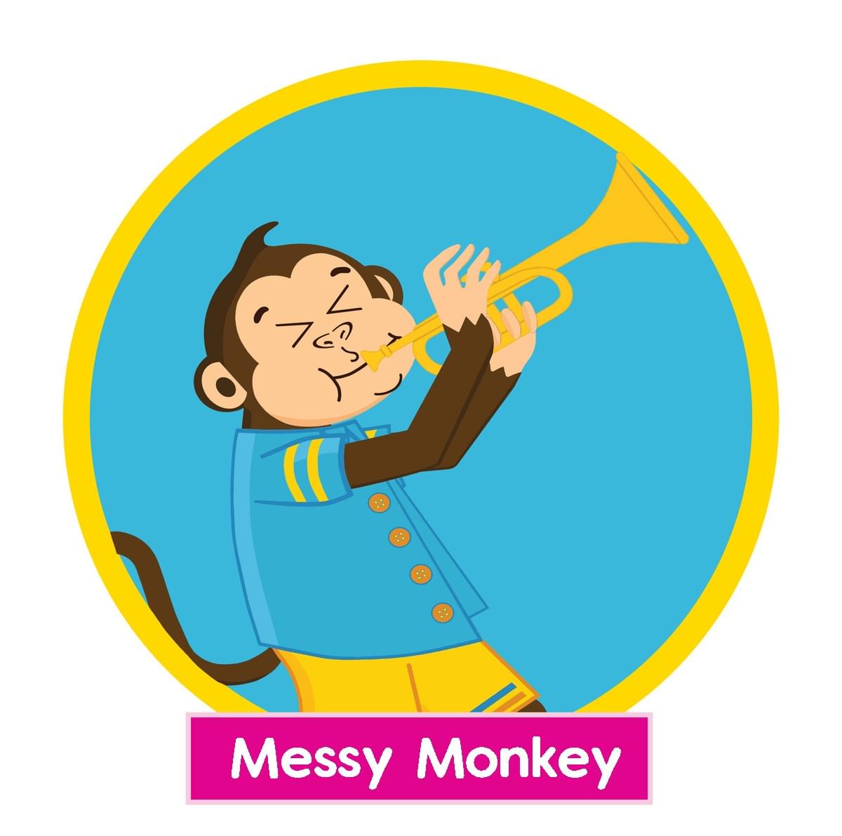 Messy Monkey from Tubba and Friends playing his trumpet in Harmony Ridge
