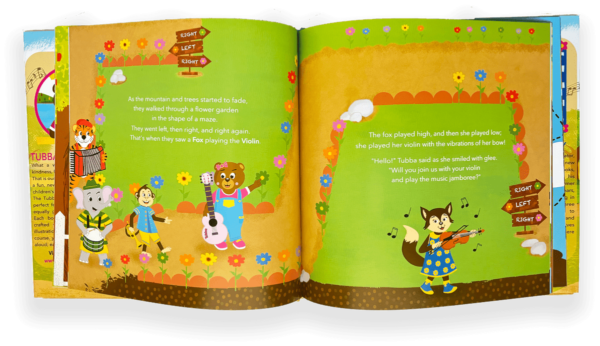 Tubba Bear waving at to friends to join her in a maze to meet Fancy Fox in a storybook spread from Tubba and Friends: The Big Music Jamboree!