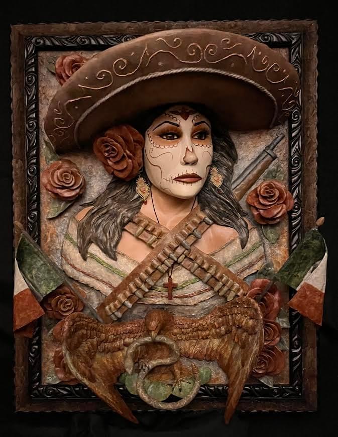 Day of the Dead inspired soldadera woman sculpture with sombrero and bandolier by David Morales