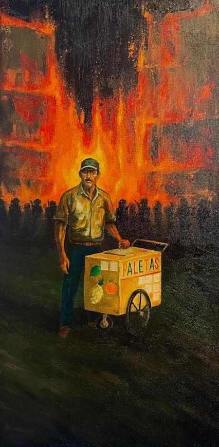 Contemporary narrative painting by Phoenix artist Michael Padilla featuring a paletas street vendor standing in front of a fiery urban backdrop with glowing orange flames, shadowed crowds, and dramatic emotional atmosphere.