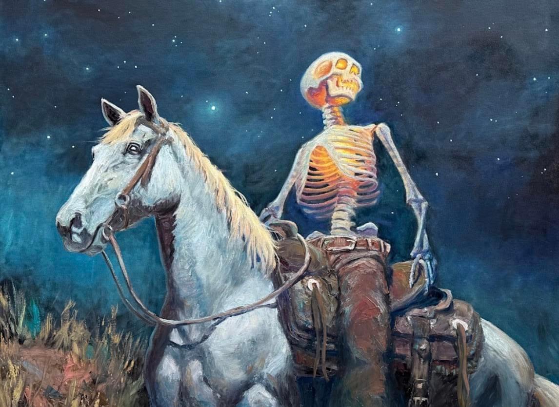 Skeleton figure riding horse in Western-inspired night scene oil painting by Daniel Gonzalez