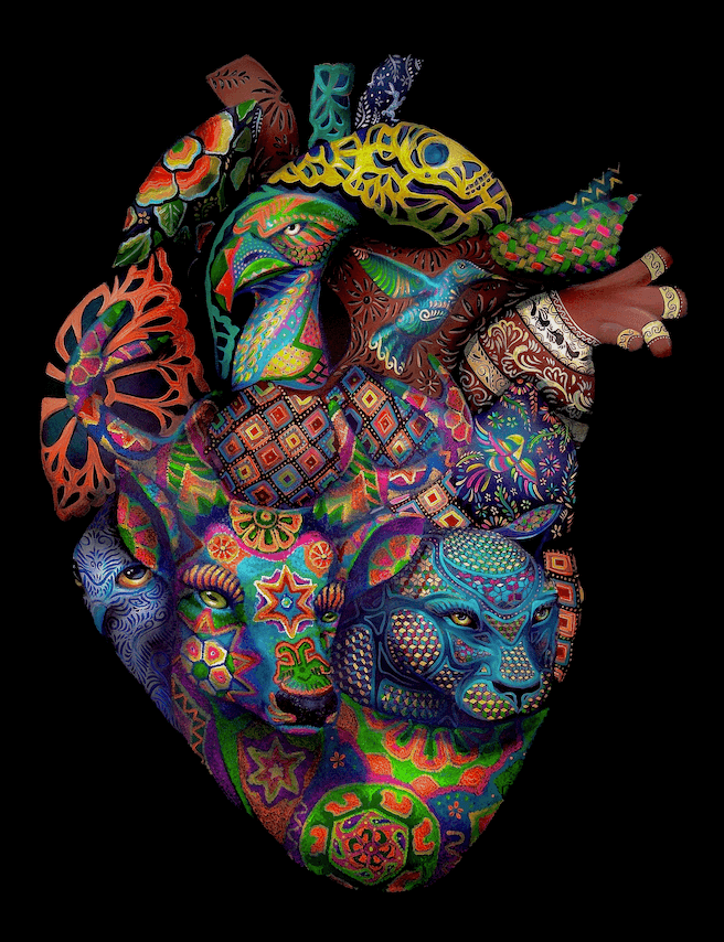 Colorful anatomical heart illustration featuring animals, plants, and Indigenous inspired patterns symbolizing culture, nature, and spirituality by Yuma Diaz Official