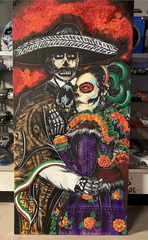 Day of the Dead skeleton couple in traditional Mexican attire by Jose Mares Refried Rockabilly