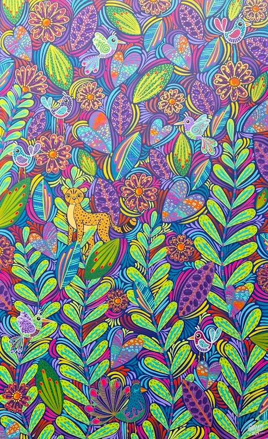 Colorful nature inspired painting by AMMO featuring vibrant birds, flowers, tropical leaves, butterflies, and a leopard hidden among intricate organic patterns and detailed botanical elements.