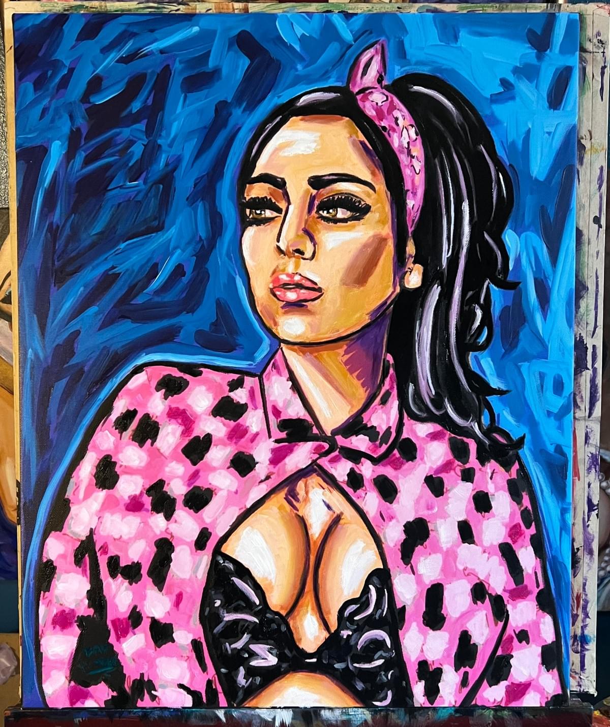 Bold pop art painting by Bad Hombre featuring a stylized female portrait with vibrant colors and expressive brushwork