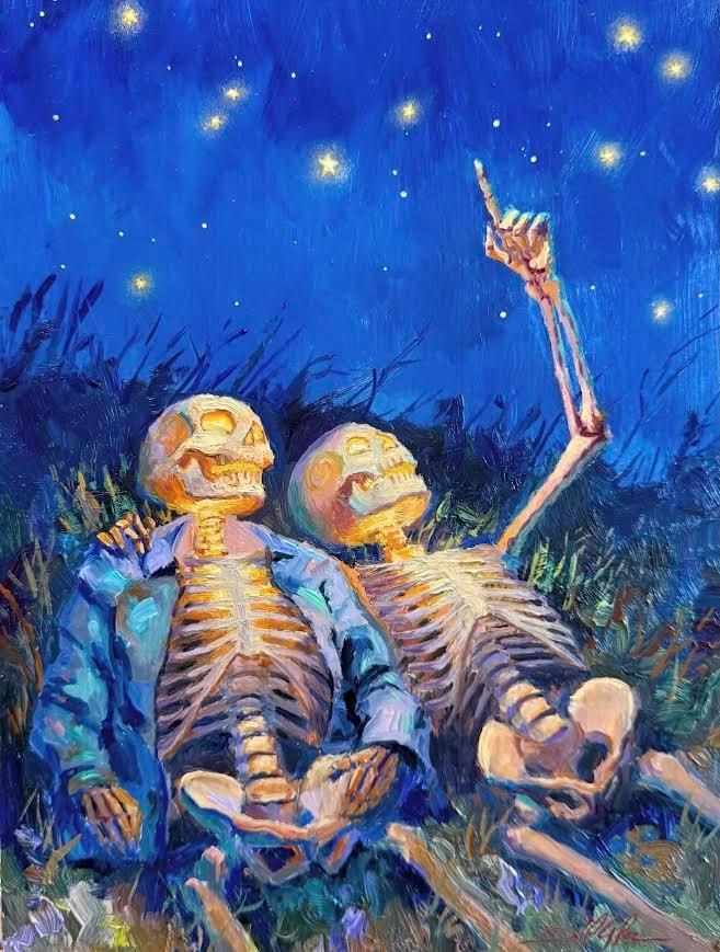 Two skeleton figures lying in grass looking at stars in expressive oil painting by Daniel Gonzalez