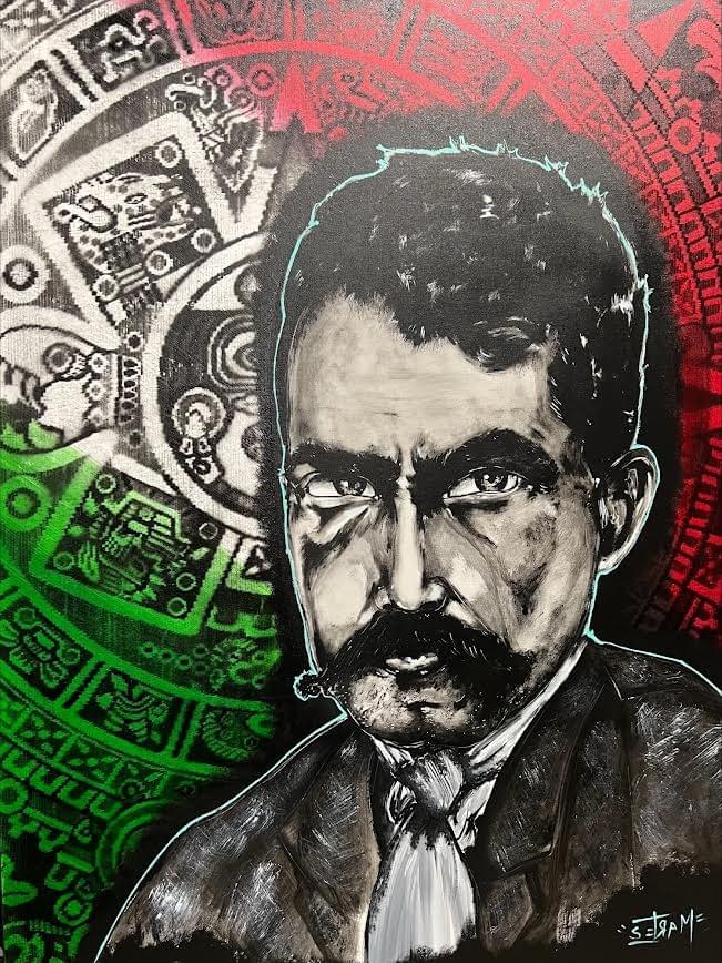 Portrait of Mexican revolutionary figure with Aztec calendar and flag colors by Jose Mares Refried Rockabilly